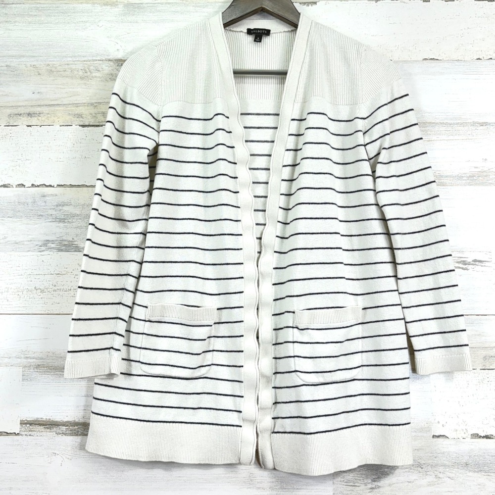 Talbots Cream Striped Open Front Cardigan Sweater Cotton Cashmere Blend‎ Sz S